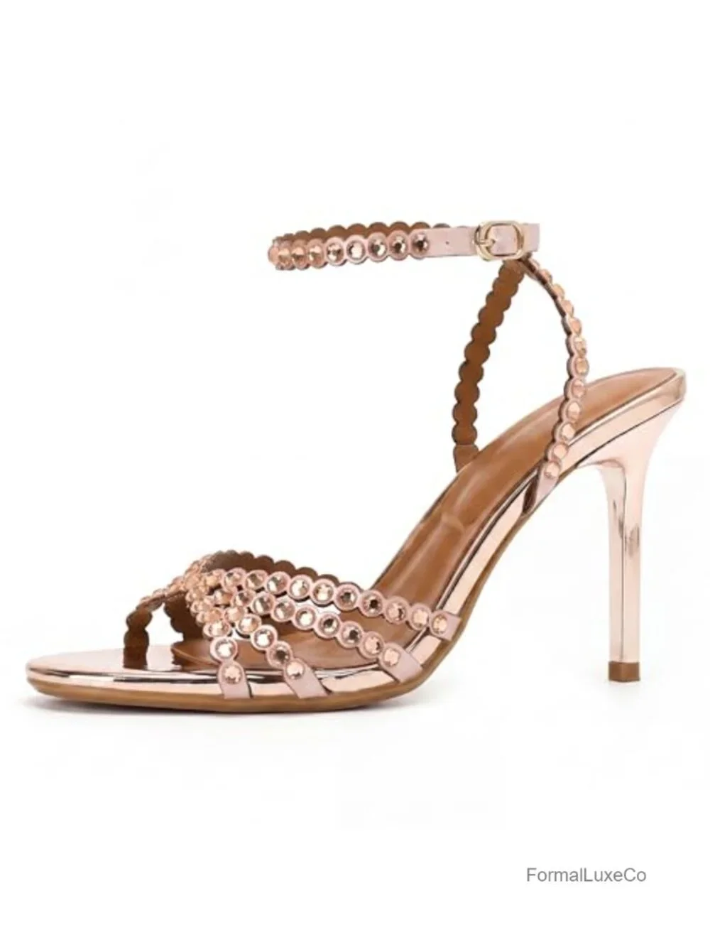 Metallic Strappy High-Heeled Sandals Rhinestone Embellishments Stiletto Heel